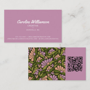 Groovy Retro Boho Lila Grön Botanisk Trendig QR Visitkort
