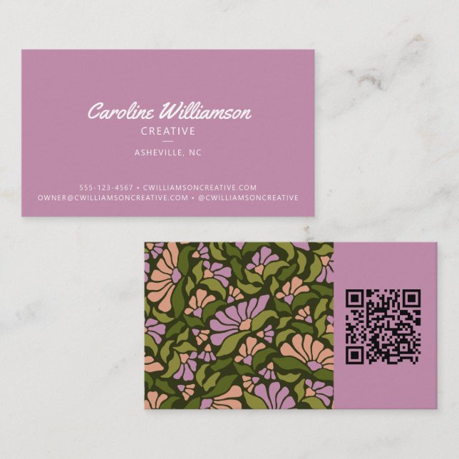 Groovy Retro Boho Lila Grön Botanisk Trendig QR Visitkort (Fram/baksida)