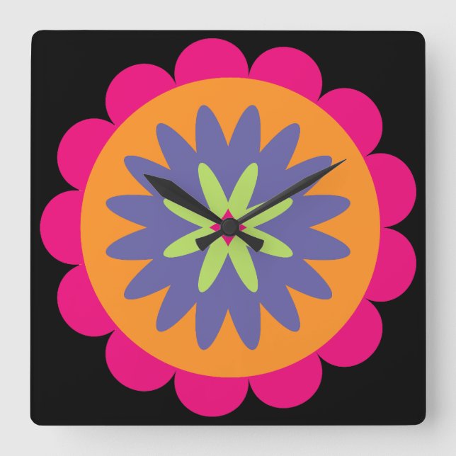 Groovy Retro Botanisk Mönsterkonst Fyrkantig Klocka (Framsida)