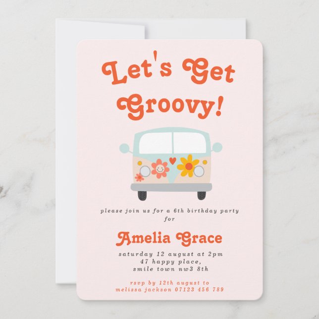 Groovy Retro Camper Van any age Girls födelsedag Inbjudningar (Framsida)