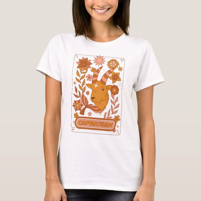 Groovy Retro Capricorn Horoscope Astrology Brown T Shirt (Framsida)