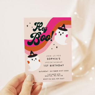 Groovy Retro Cute Ghost Hej Boo 1:a födelsedagen Inbjudningar