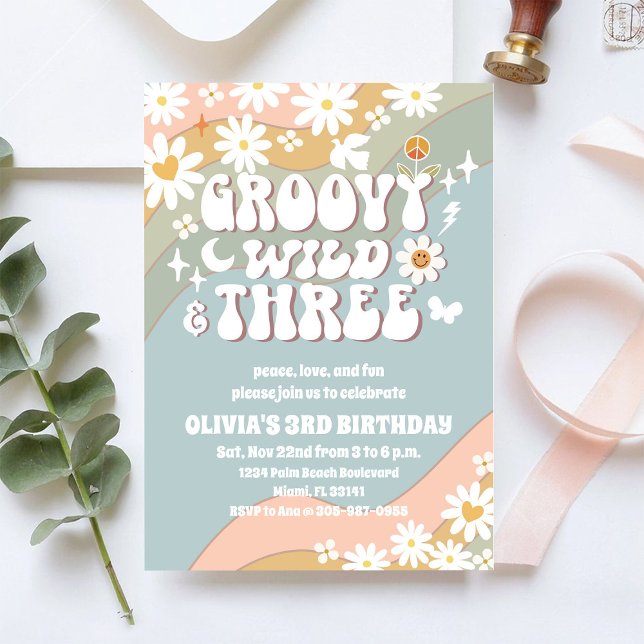 Groovy Retro Daisy 3rd Birthday Invitation Inbjudningar (Skapare uppladdad)