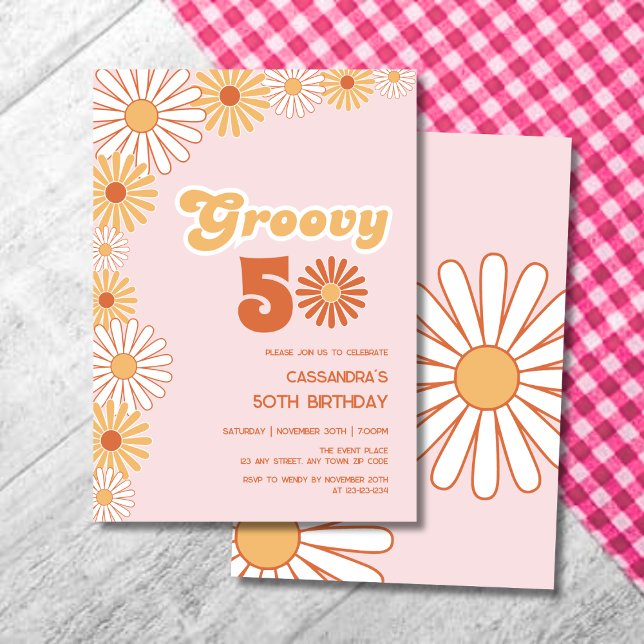 Groovy Retro Daisy Boho Orange Rosa Födelsedag Inbjudningar (Skapare uppladdad)