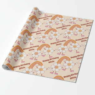 Groovy retro daisy boho rainbow personlig namn presentpapper