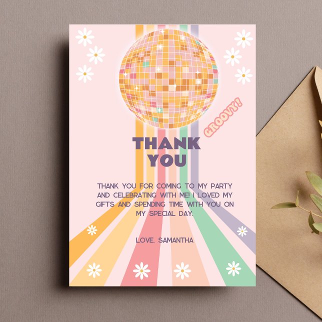 Groovy Retro Daisy Disco Birthday Tack Kort (Thank You Card)