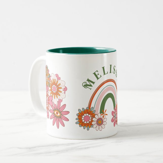 Groovy Retro Daisy Flowers Mönster Boho Blommigt Två-Tonad Mugg (Framsida vänster)