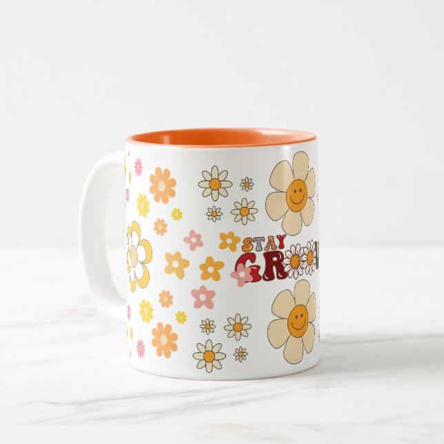 Groovy Retro Daisy Flowers Mönster Boho Blommigt Två-Tonad Mugg (Framsida vänster)
