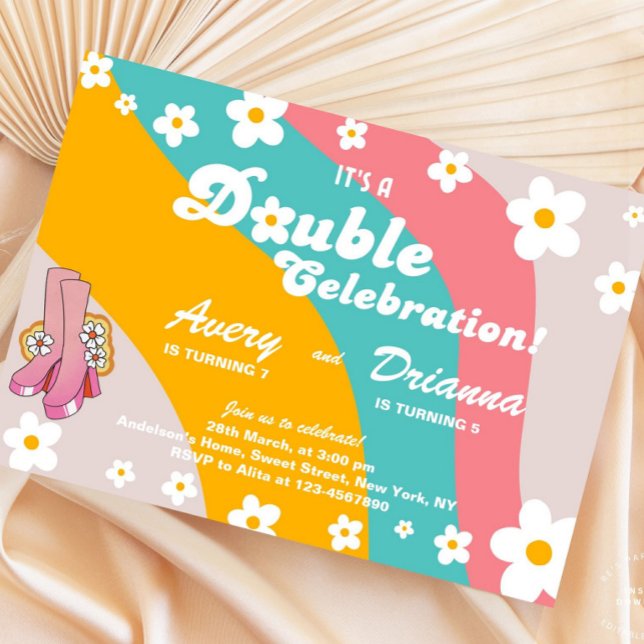 Groovy Retro Daisy Gemensam Födelsedag Inbjudningar (double celebration invite, joint birthday invite, twin birthday party, retro birthday invite, daisy )