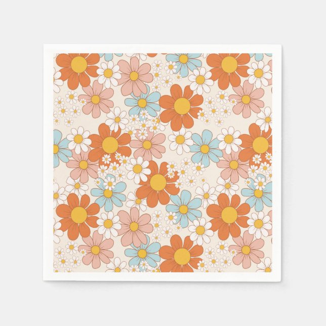 Groovy Retro Daisy Orange Blue Cream Pappersservett (Framsidan)