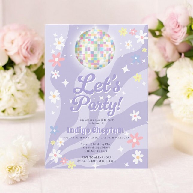 Groovy retro disco boll 70's blommigt Sweet 16 Inbjudningar (Groovy retro disco ball 70's floral Sweet 16 Invitation)