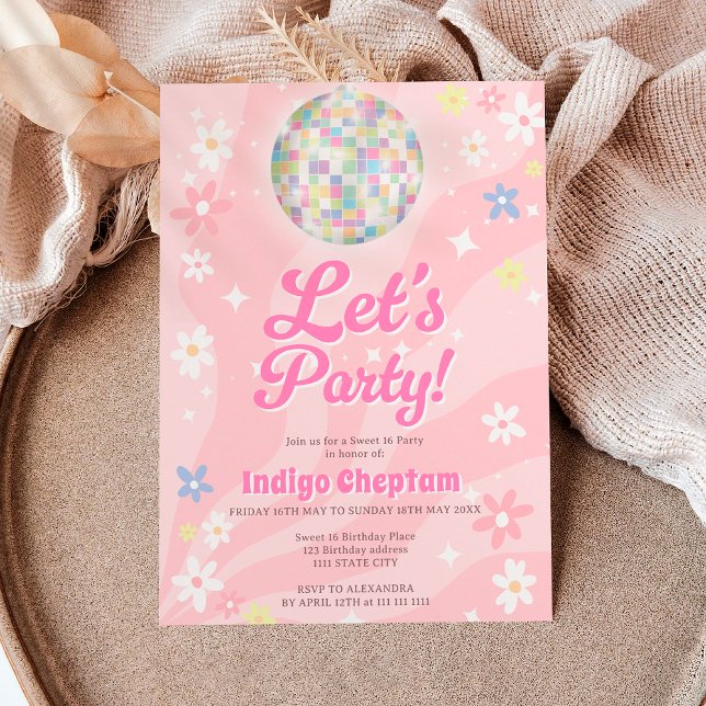 Groovy retro disco boll 70's blommigt Sweet 16 Inbjudningar (Groovy retro disco ball 70's floral Sweet 16 Invitation)