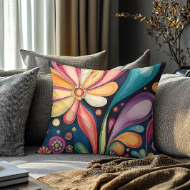 Groovy Retro Färg Bloom Kaleidoscope Kudde