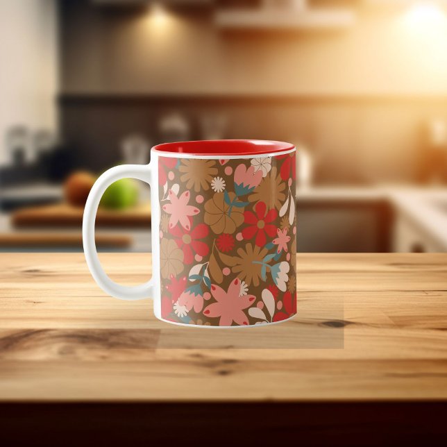 Groovy Retro Flower Power i Rött Två-Tonad Mugg (Skapare uppladdad)
