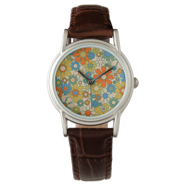 Groovy Retro Flowers 60 s 70-tal Blommönster Armbandsur (Framsida)
