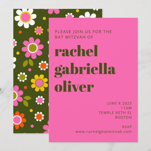 Groovy Retro Flowers Bright Rosa Bold Bat mitzvah Inbjudningar (Fram/baksida)