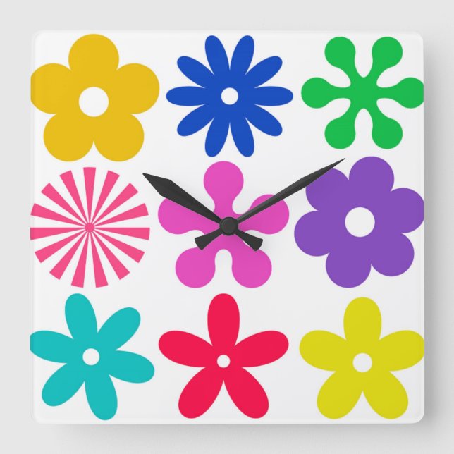 GROOVY RETRO FLOWERS FYRKANTIG KLOCKA (Framsida)