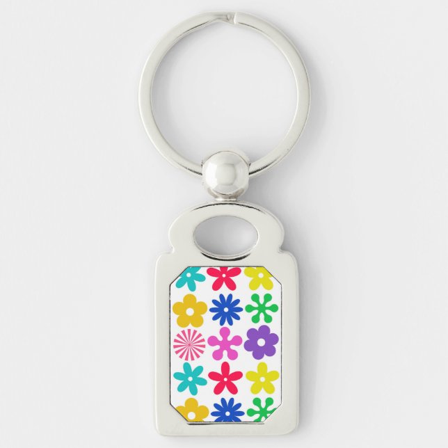 GROOVY RETRO FLOWERS REKTANGULÄRT SILVERFÄRGAD NYCKELRING (Framsidan)