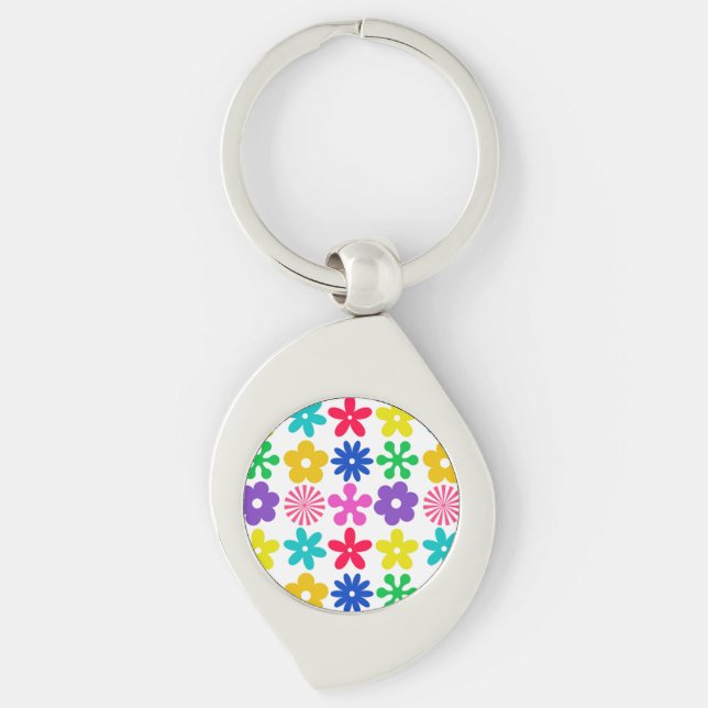 GROOVY RETRO FLOWERS SWIRL SILVERFÄRGAD NYCKELRING (Framsidan)