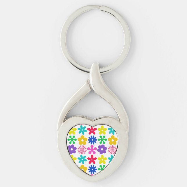 GROOVY RETRO FLOWERS TWISTED HEART SILVERFÄRGAD NYCKELRING (Framsidan)