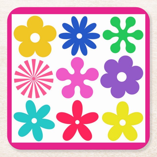 GROOVY RETRO FLOWERS UNDERLÄGG PAPPER KVADRAT (Framsidan)