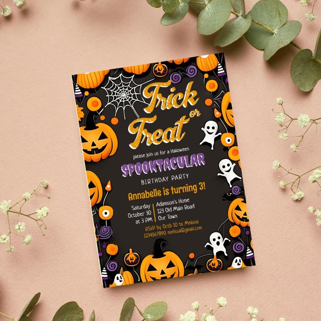 Groovy retro från bus eller godis Halloween fest Inbjudningar (Trick or treat Halloween spooktacular birthday party template invitation cute baby ghosts pumpkins)
