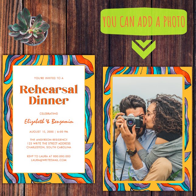 Groovy Retro Gult Foto Bröllopsrepetition Middag Inbjudningar (Front and Back)
