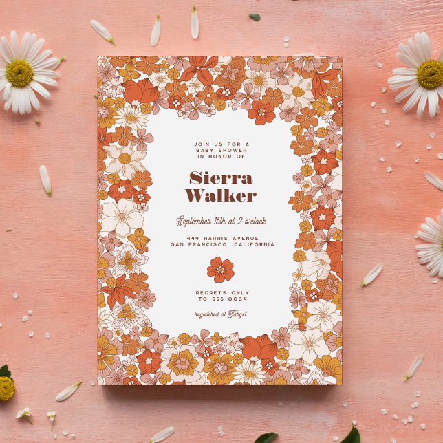 Groovy Retro Hippie Blommigt Rosa Orange Baby Show Inbjudningar (Skapare uppladdad)