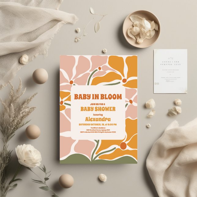 Groovy Retro Hippie Blommigt Rosa Orange Baby Show Inbjudningar (Skapare uppladdad)