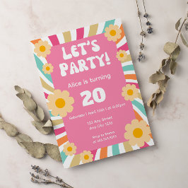 Groovy Retro Hippie Daisy Rosa 20:e födelsedagen Inbjudningar