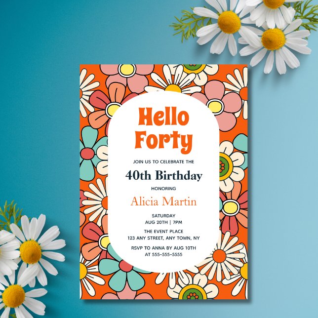 Groovy Retro Hippie Flower Hej 40 Birthday Inbjudningar (Skapare uppladdad)