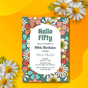Groovy Retro Hippie Flower Hej 50 födelsedagar Inbjudningar