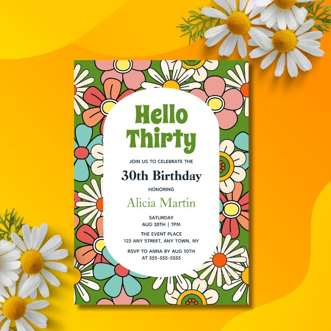 Groovy Retro Hippie Flower Hej Trettio födelsedaga Inbjudningar (Skapare uppladdad)