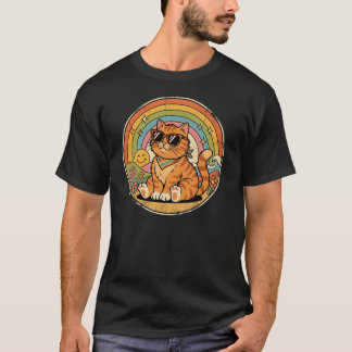 Groovy Retro Katt Regnbåge Fredstecken T Shirt