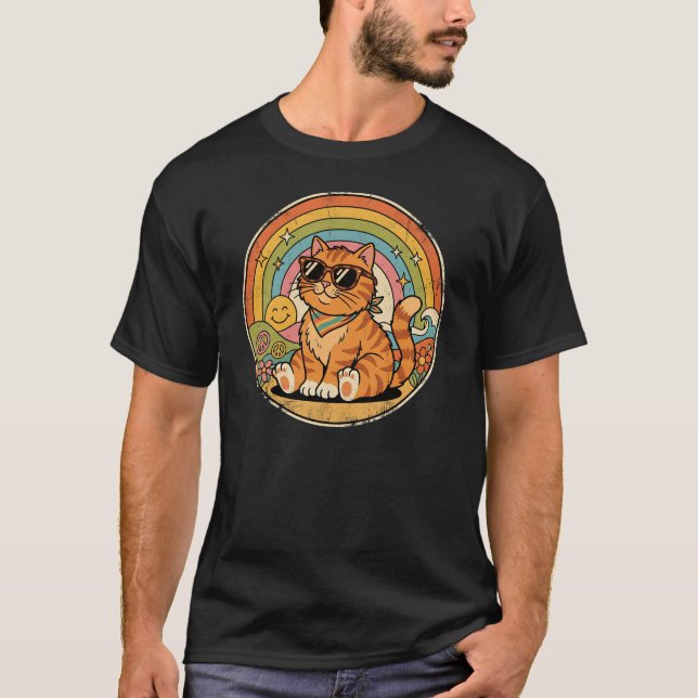 Groovy Retro Katt Regnbåge Fredstecken T Shirt (Framsida)
