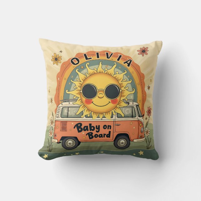 Groovy Retro Leende Bebis Sol, Fred & Kärlek Vibes Kudde (Framsida)