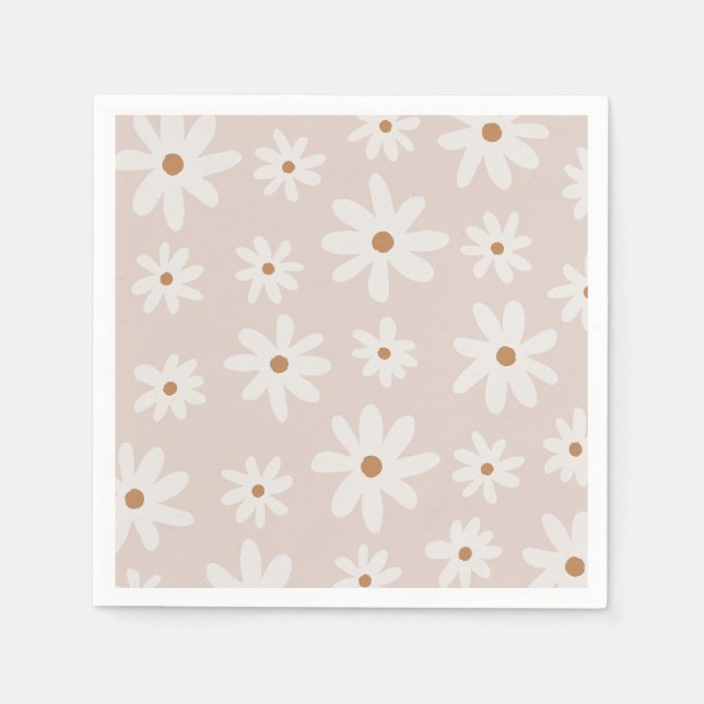 Groovy Retro Light Brown Daisy Blommigt Pappersservett (Framsidan)