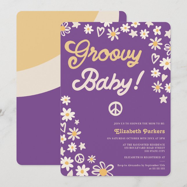 Groovy retro lila boho babydusch inbjudningar (Fram/baksida)
