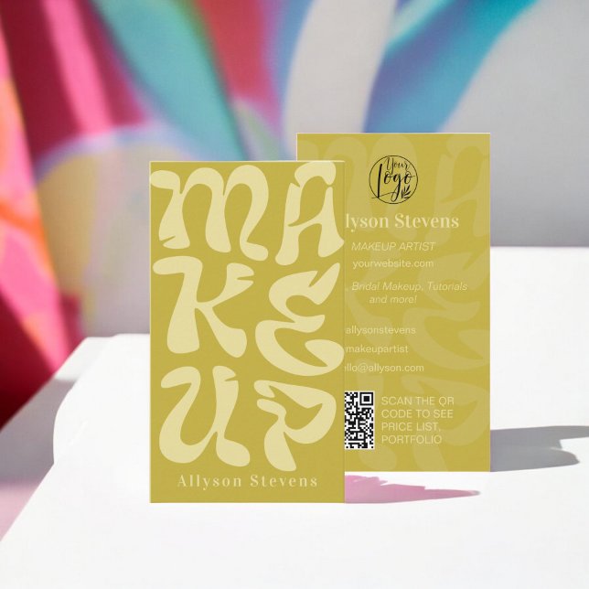Groovy retro lime green logotyp qr-kod Makeup Visitkort (Groovy retro lime green logo qr code Makeup Business Card)