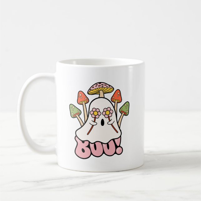 Groovy Retro Mashroom Halloween Boo Ghost Cute Kaffemugg (Vänster)