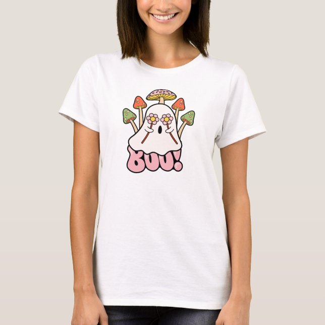 Groovy Retro Mashroom Halloween Boo Ghost Cute T Shirt (Framsida)
