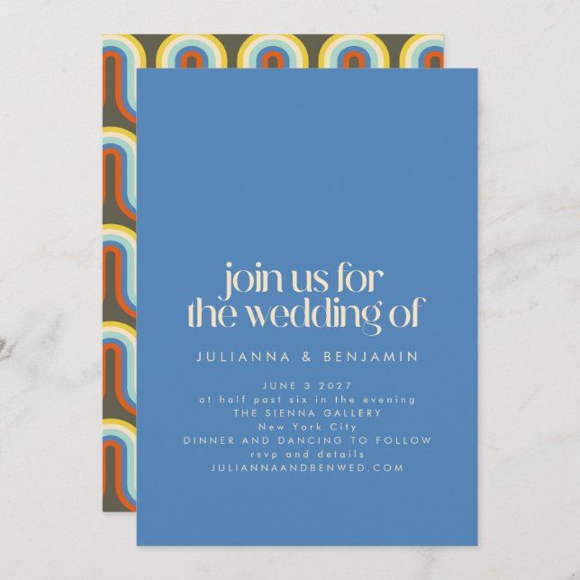 Groovy Retro-Modet 70s Blue och Oliv grönt Bröllop Inbjudningar (Fram/baksida)