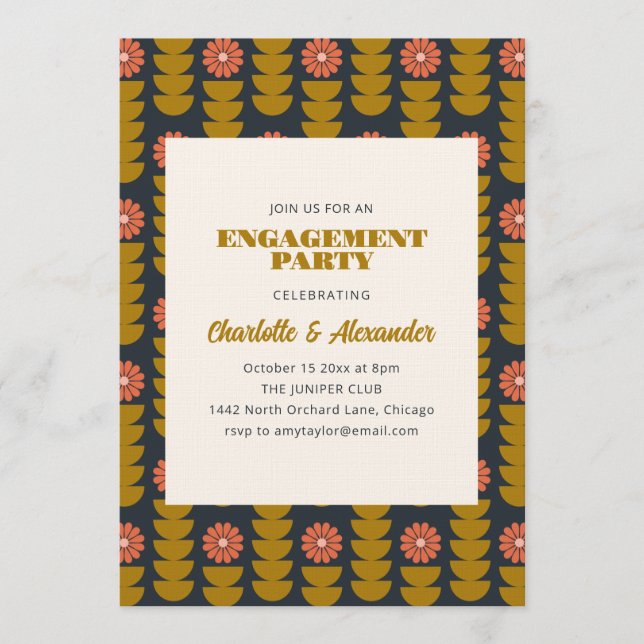 Groovy Retro Navy Blue Botanical Engagement Party  Inbjudningar (Framsida)