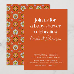 Groovy Retro Orange 70s Blommor Baby Shower Inbjudningar