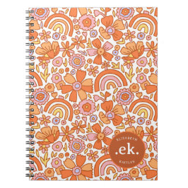 Groovy Retro Orange Blommigts Monogram Anteckningsbok