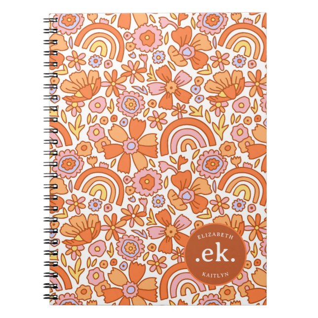 Groovy Retro Orange Blommigts Monogram Anteckningsbok (Framsidan)
