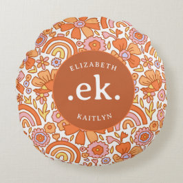 Groovy Retro Orange Blommigts Monogram Rund Kudde