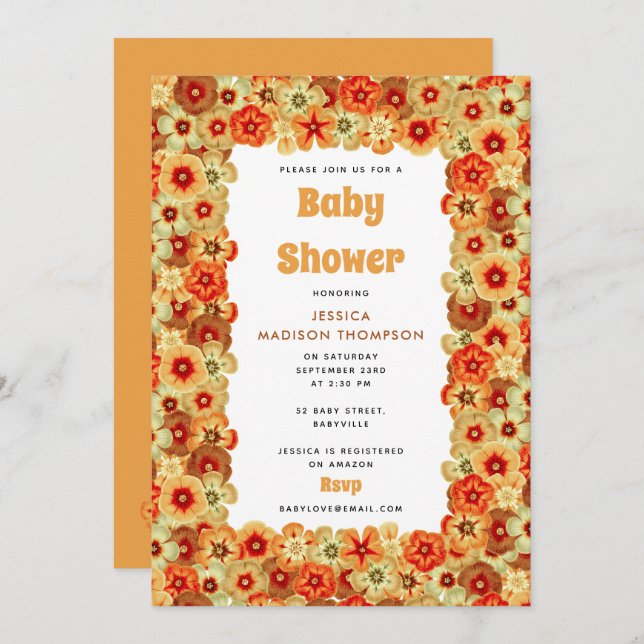 Groovy Retro Orange Hippie Flowers Baby Shower Inbjudningar (Fram/baksida)