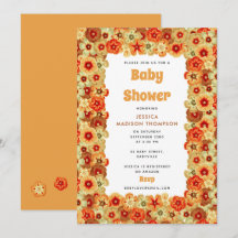 Groovy Retro Orange Hippie Flowers Baby Shower