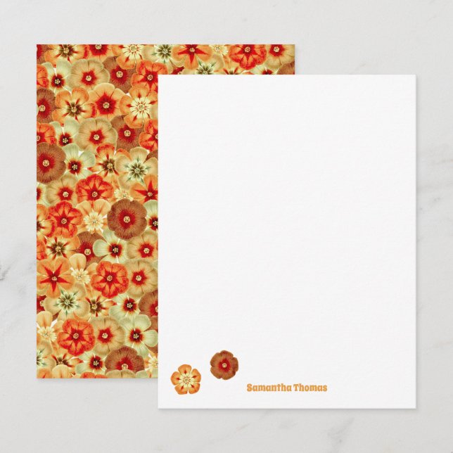 Groovy Retro Orange Hippie Flowers Mönster Anteckningskort (Fram/baksida)